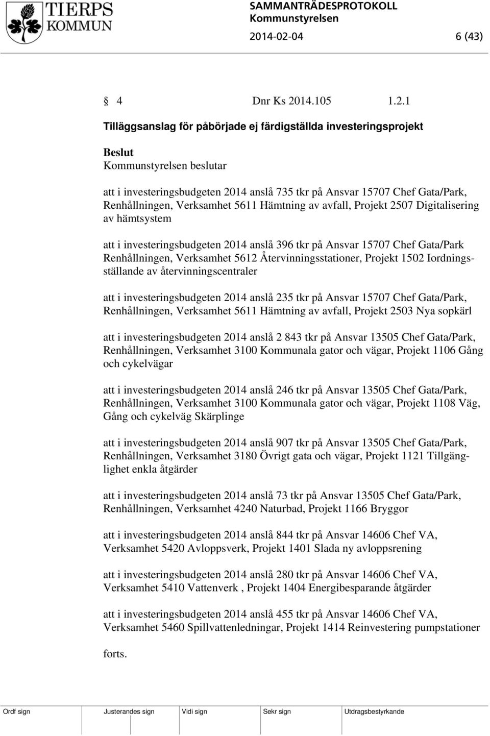 5612 Återvinningsstationer, Projekt 1502 Iordningsställande av återvinningscentraler att i investeringsbudgeten 2014 anslå 235 tkr på Ansvar 15707 Chef Gata/Park, Renhållningen, Verksamhet 5611