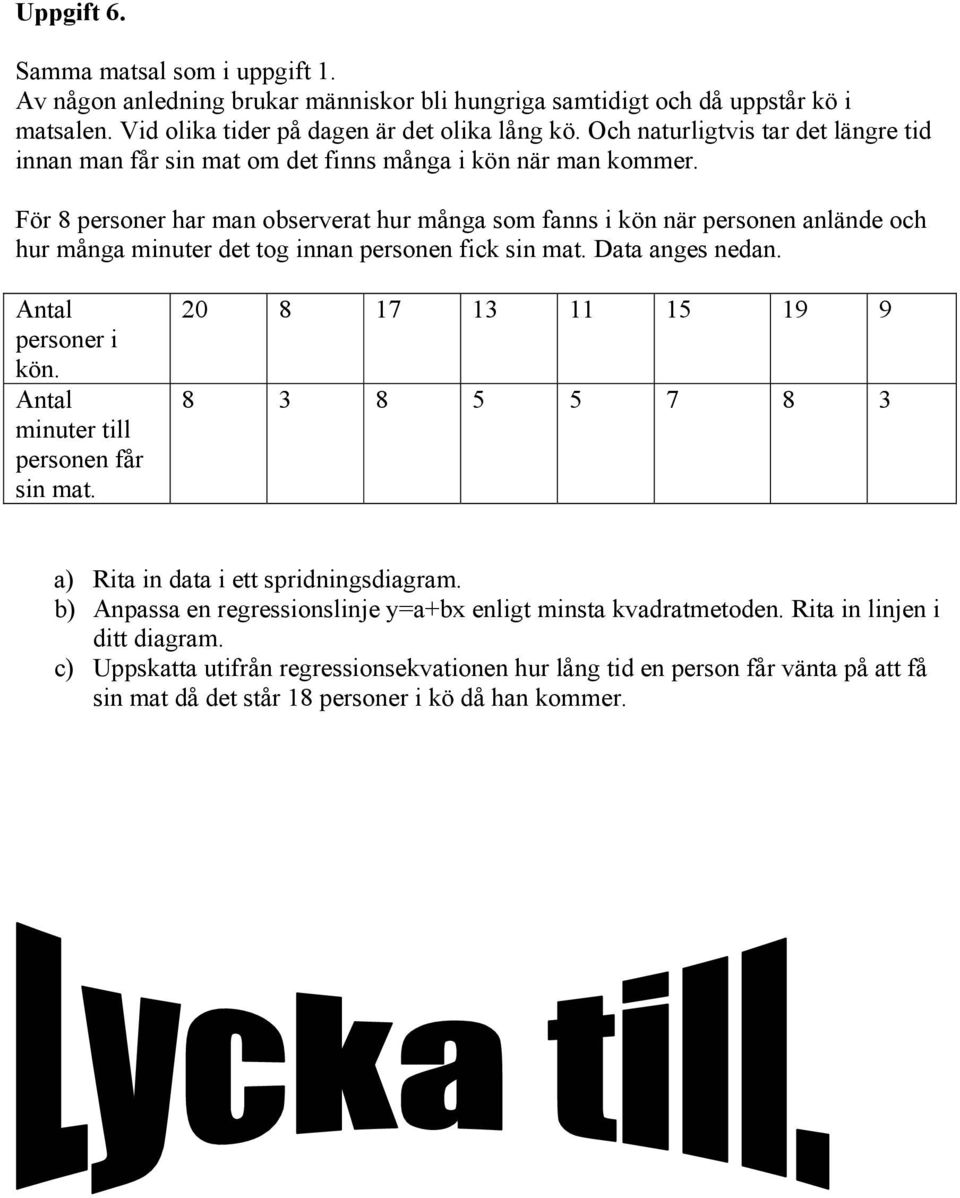 För 8 personer har man observerat hur många som fanns i kön när personen anlände och hur många minuter det tog innan personen fick sin mat. Data anges nedan. Antal personer i kön.