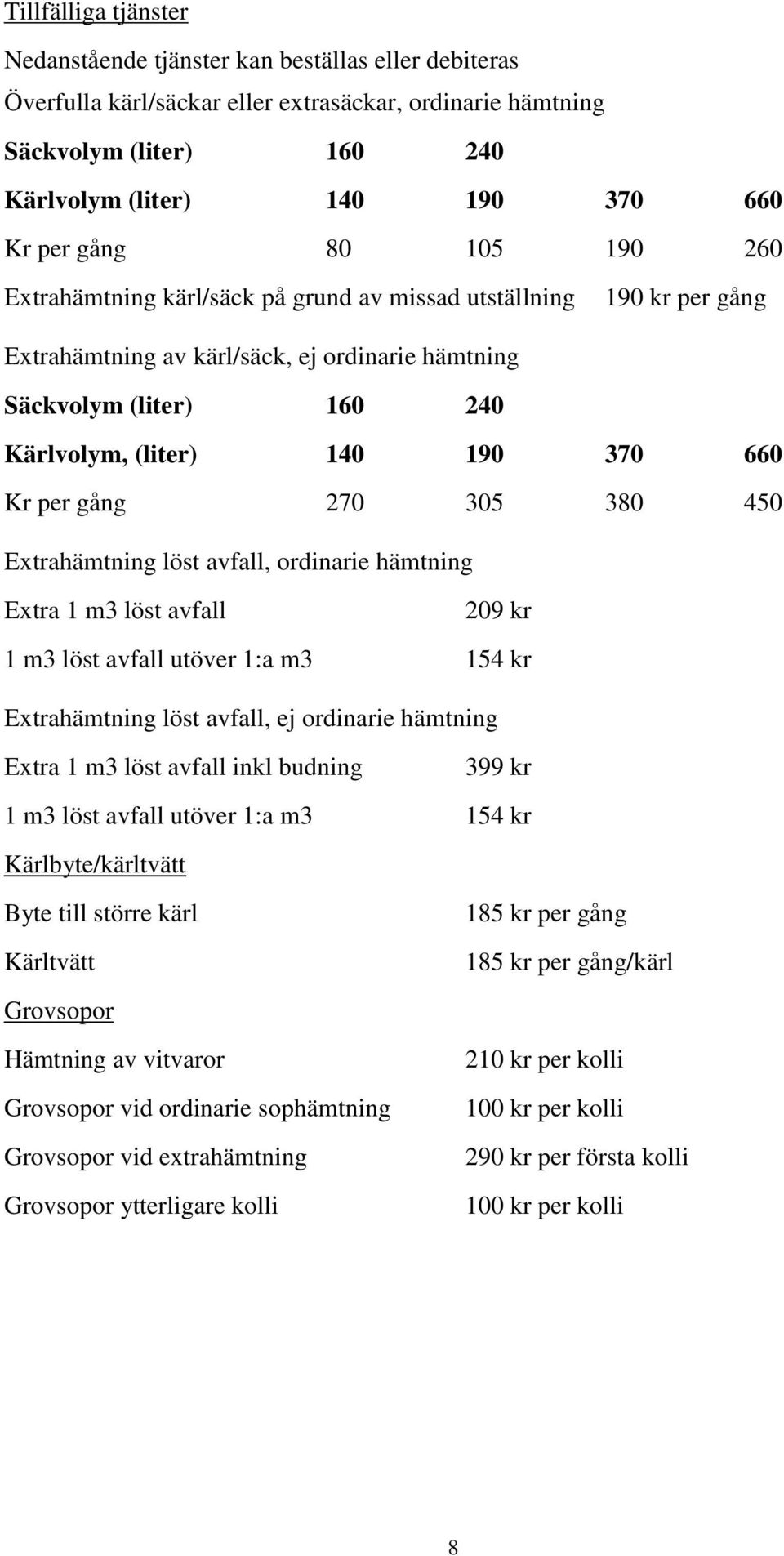 660 Kr per gång 270 305 380 450 Extrahämtning löst avfall, ordinarie hämtning Extra 1 m3 löst avfall 209 kr 1 m3 löst avfall utöver 1:a m3 154 kr Extrahämtning löst avfall, ej ordinarie hämtning