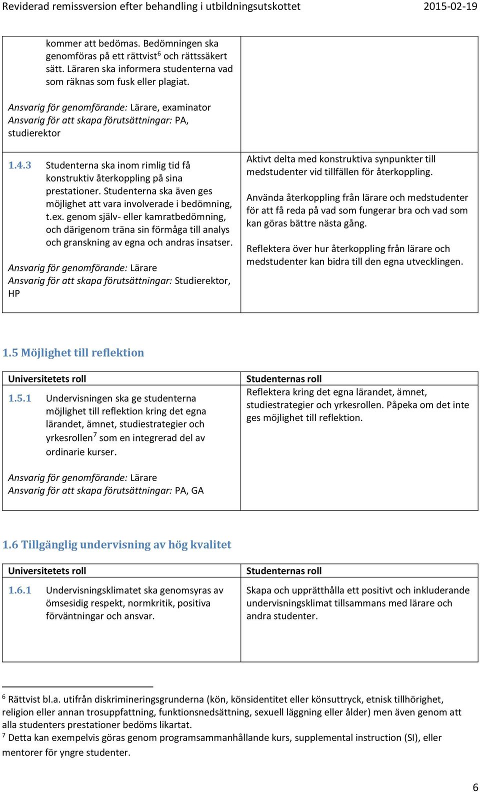 Studenterna ska även ges möjlighet att vara involverade i bedömning, t.ex. genom själv- eller kamratbedömning, och därigenom träna sin förmåga till analys och granskning av egna och andras insatser.