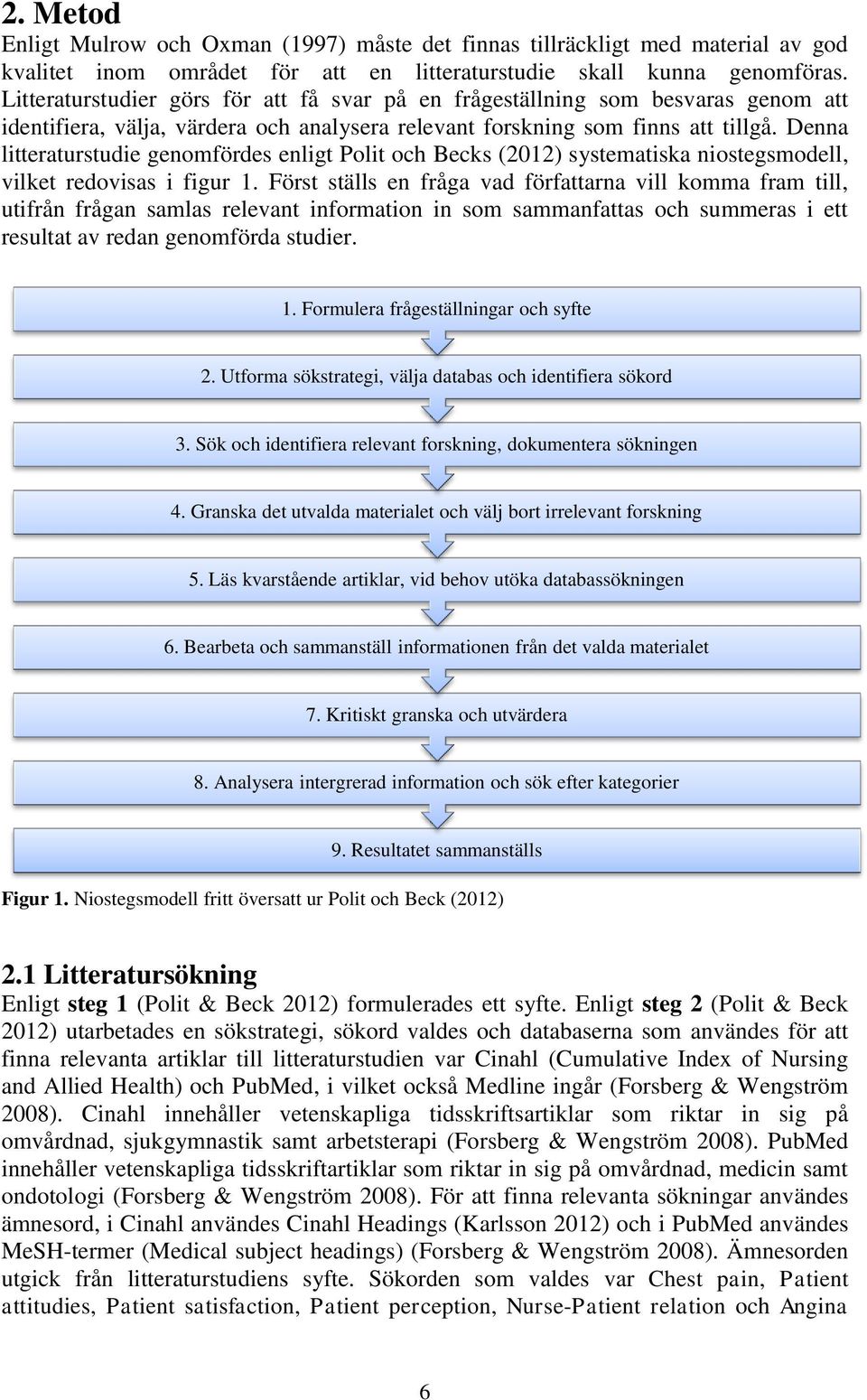 Denna litteraturstudie genomfördes enligt Polit och Becks (2012) systematiska niostegsmodell, vilket redovisas i figur 1.