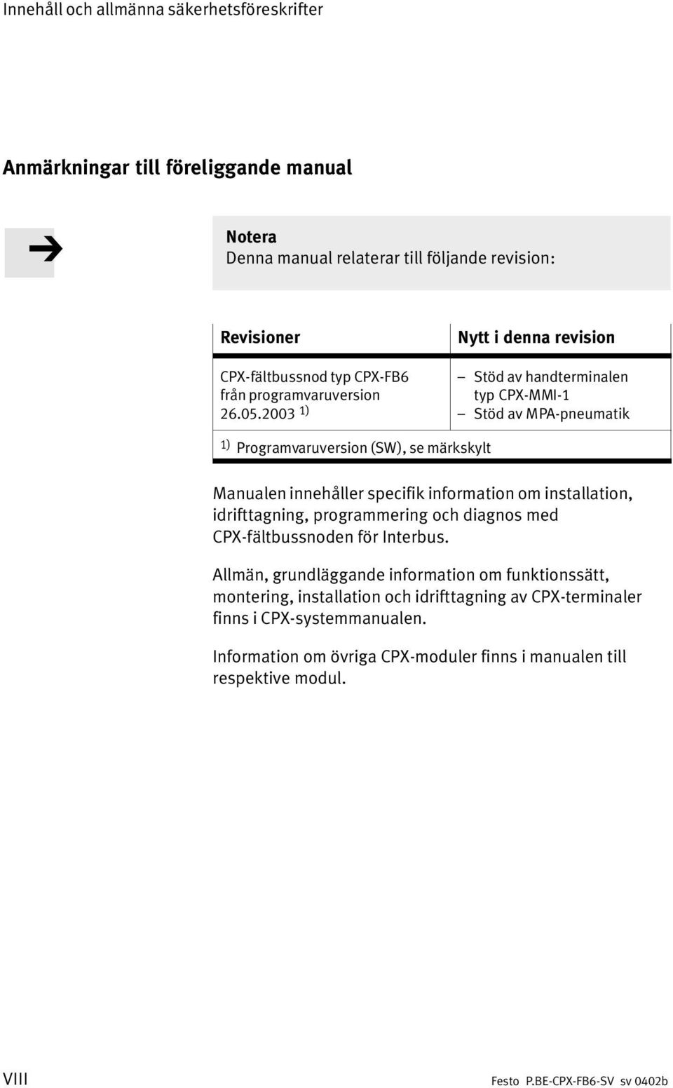 2003 1) Nytt i denna revision Stöd av handterminalen typcpx MMI 1 Stöd av MPA pneumatik 1) Programvaruversion (SW), se märkskylt Manualen innehåller specifik information