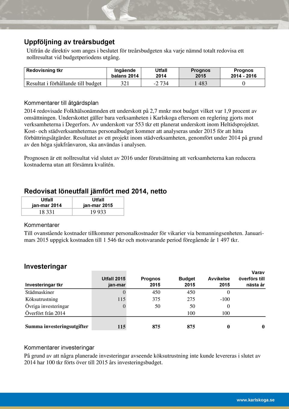 underskott på 2,7 mnkr mot budget vilket var 1,9 procent av omsättningen. Underskottet gäller bara verksamheten i Karlskoga eftersom en reglering gjorts mot verksamheterna i Degerfors.