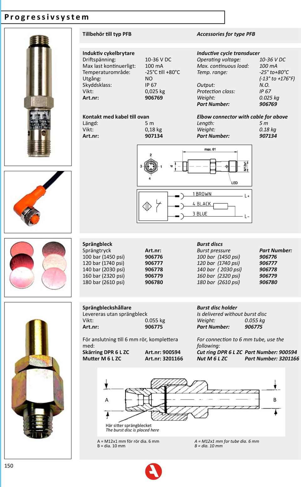 range: -25 to+80 C (-13 to +176 F) Output: N.O. Protection class: IP 67 0.025 kg Part Number: 906769 Elbow connector with cable for above Length: 5 m 0.