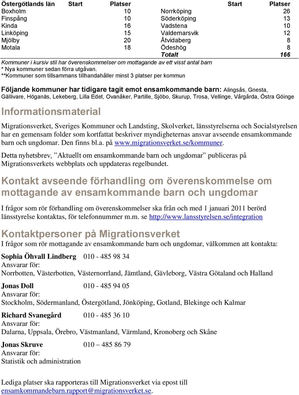 **Kommuner som tillsammans tillhandahåller minst 3 platser per kommun Start Platser Norrköping 26 Söderköping 13 Vadstena 10 Valdemarsvik 12 Åtvidaberg 8 Ödeshög 8 Totalt 166 Följande kommuner har