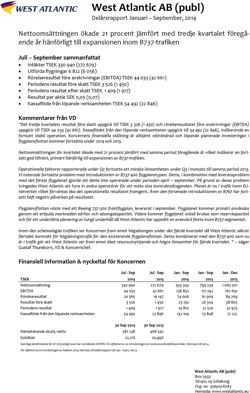 450) Periodens resultat efter skatt TSEK 1 409 (1 917) Resultat per aktie SEK 0,05 (0,07) Kassaflöde från löpande verksamheten TSEK 54 492 (22 846) Kommentarer från VD Det tredje kvartalets resultat