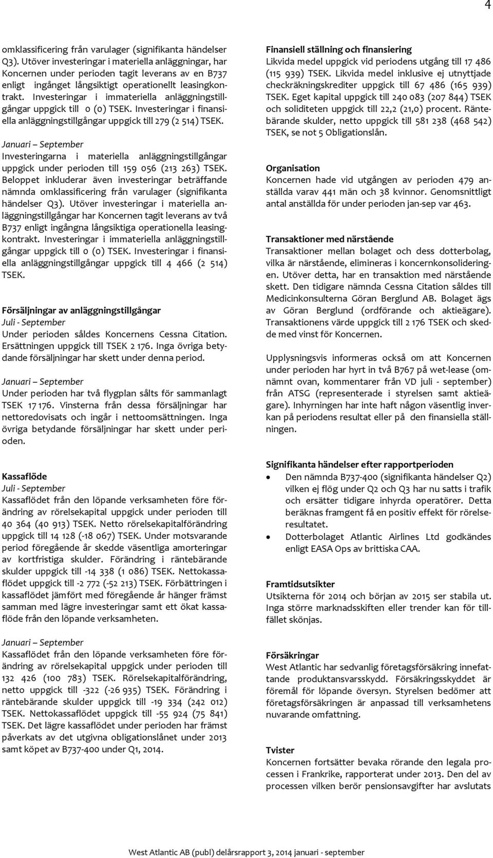 Investeringar i immateriella anläggningstillgångar uppgick till 0 (0) TSEK. Investeringar i finansiella anläggningstillgångar uppgick till 279 (2 514) TSEK.