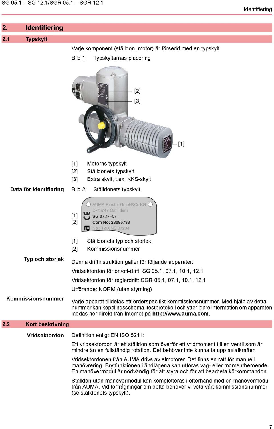 KKS-skylt Data för identifiering Bild 2: Ställdonets typskylt [1] Ställdonets typ och storlek [2] Kommissionsnummer Typ och storlek Kommissionsnummer Denna driftinstruktion gäller för följande