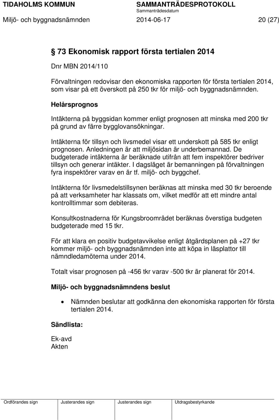 Intäkterna för tillsyn och livsmedel visar ett underskott på 585 tkr enligt prognosen. Anledningen är att miljösidan är underbemannad.