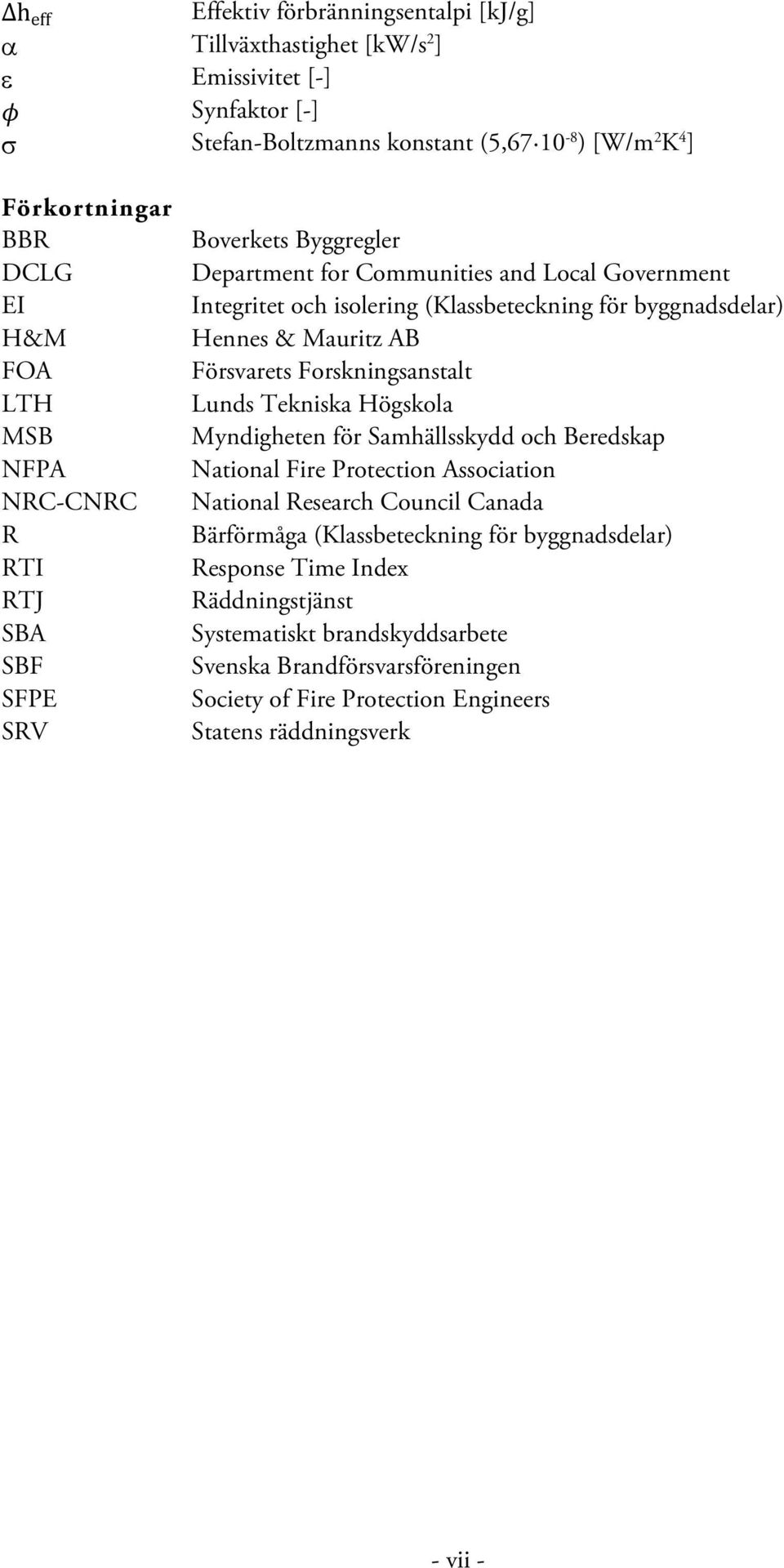 Mauritz AB Försvarets Forskningsanstalt Lunds Tekniska Högskola Myndigheten för Samhällsskydd och Beredskap National Fire Protection Association National Research Council Canada Bärförmåga