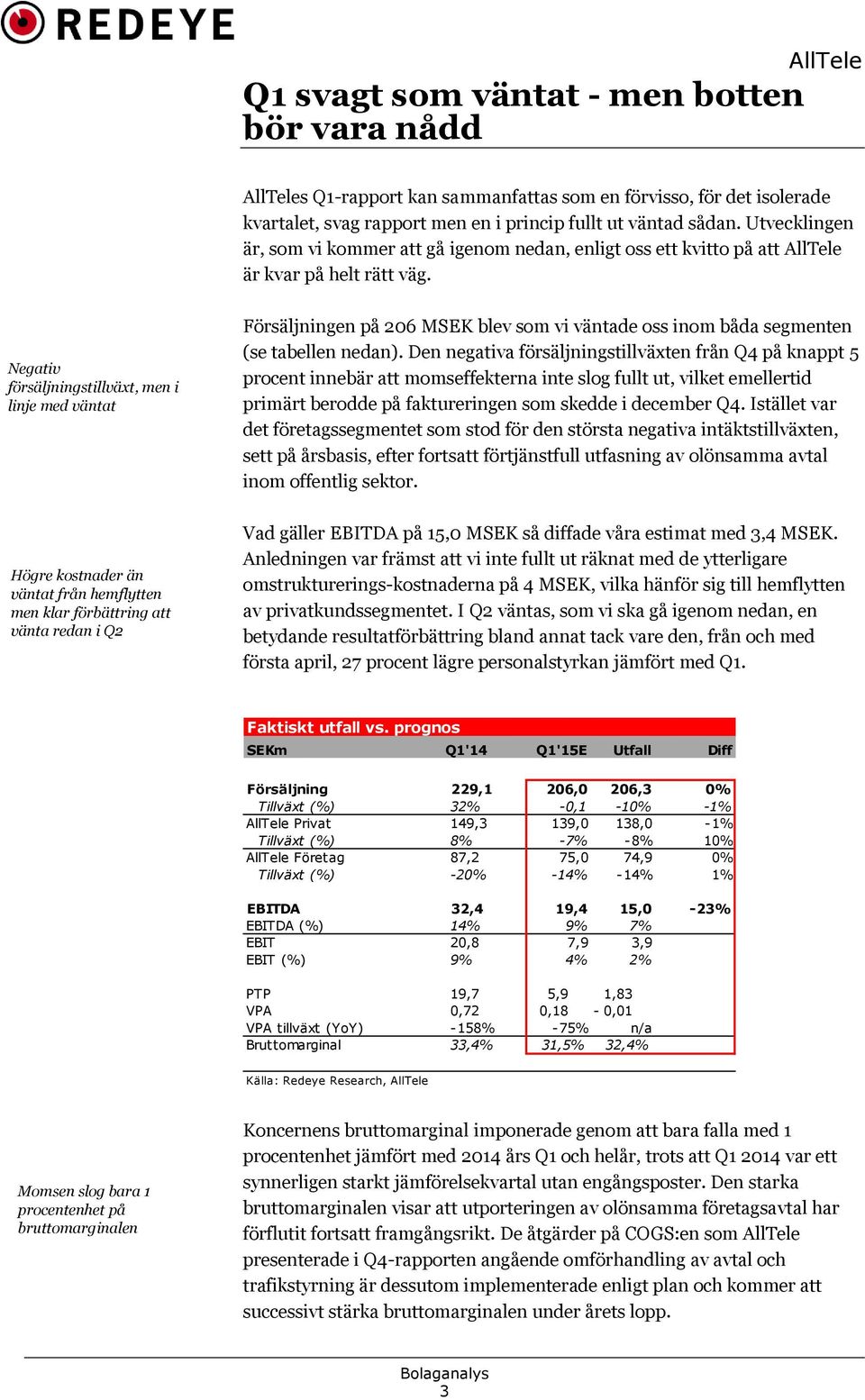 Negativ försäljningstillväxt, men i linje med väntat Försäljningen på 206 MSEK blev som vi väntade oss inom båda segmenten (se tabellen nedan).