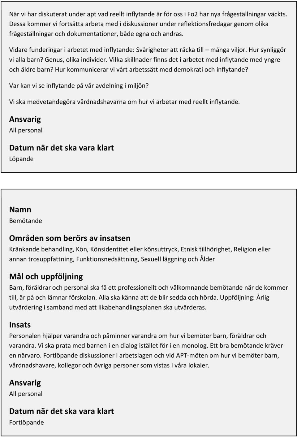 Vidare funderingar i arbetet med inflytande: Svårigheter att räcka till många viljor. Hur synliggör vi alla barn? Genus, olika individer.