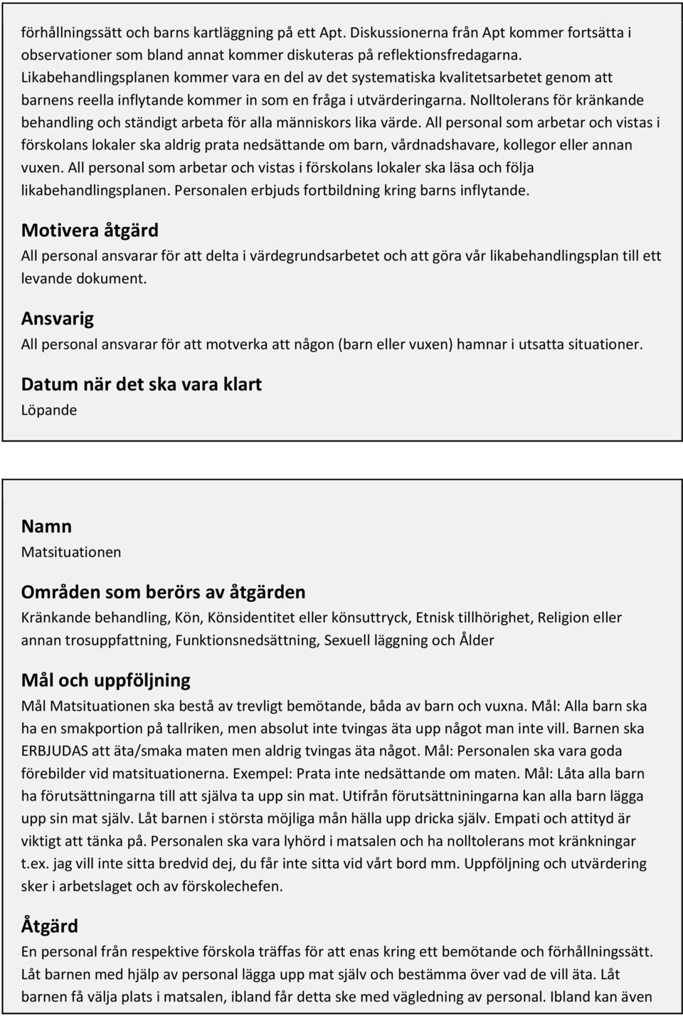 Nolltolerans för kränkande behandling och ständigt arbeta för alla människors lika värde.