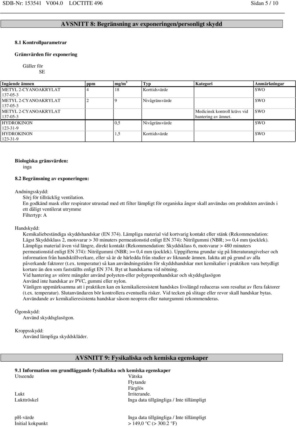 SWO METYL 2-CYANOAKRYLAT Medicinsk kontroll krävs vid SWO hantering av ämnet. HYDROKINON 0,5 Nivågränsvärde SWO 123-31-9 HYDROKINON 123-31-9 1,5 Korttidsvärde SWO Biologiska gränsvärden: inga 8.