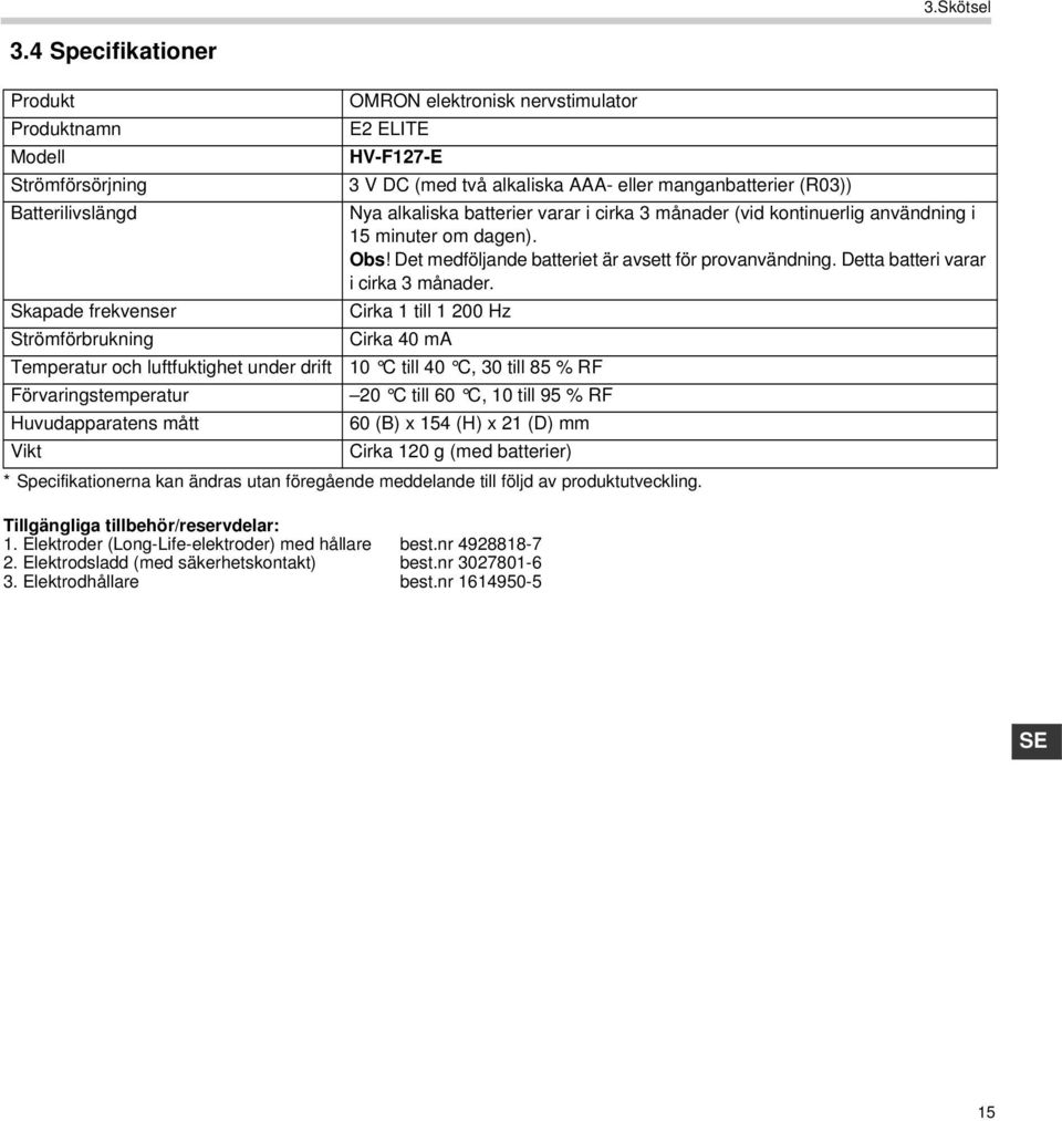 ORON elektronisk nervstimulator E2 ELITE * Specifikationerna kan ändras utan föregående meddelande till följd av produktutveckling. Tillgängliga tillbehör/reservdelar:.