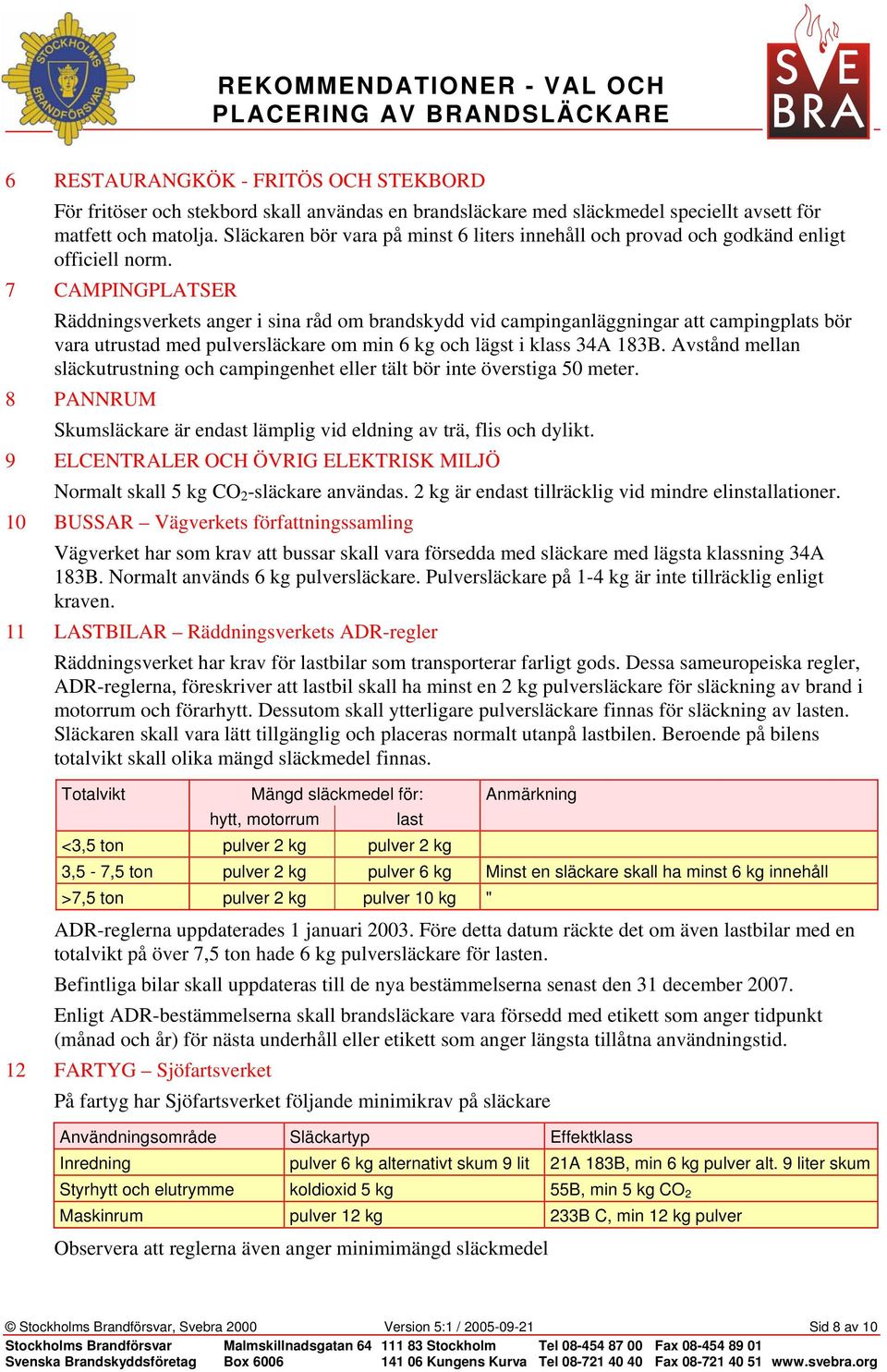 7 CAMPINGPLATSER Räddningsverkets anger i sina råd om brandskydd vid campinganläggningar att campingplats bör vara utrustad med pulversläckare om min 6 kg och lägst i klass 34A 183B.