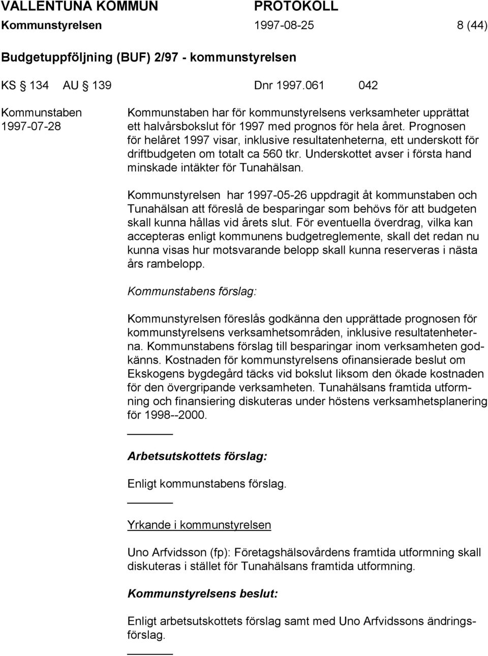 Prognosen för helåret 1997 visar, inklusive resultatenheterna, ett underskott för driftbudgeten om totalt ca 560 tkr. Underskottet avser i första hand minskade intäkter för Tunahälsan.