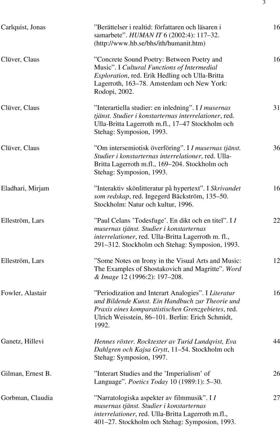 I Cultural Functions of Intermedial Exploration, red. Erik Hedling och Ulla-Britta Lagerroth, 3 78. Amsterdam och New York: Rodopi, 2002. Interartiella studier: en inledning. I I musernas tjänst.