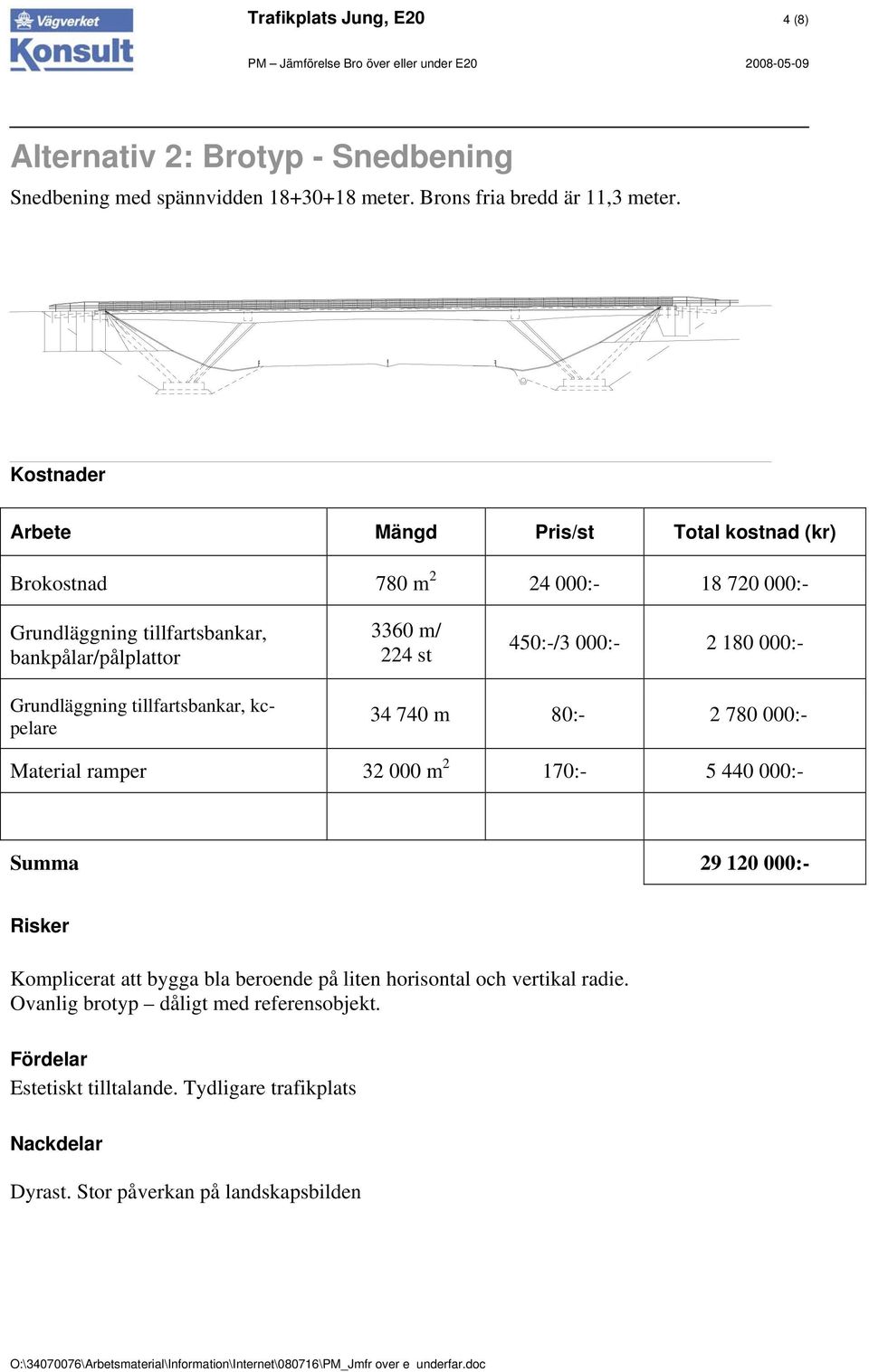 000:- 2 180 000:- Grundläggning tillfartsbankar, kcpelare 34 740 m 80:- 2 780 000:- Material ramper 32 000 m 2 170:- 5 440 000:- Summa 29 120 000:- Risker Komplicerat