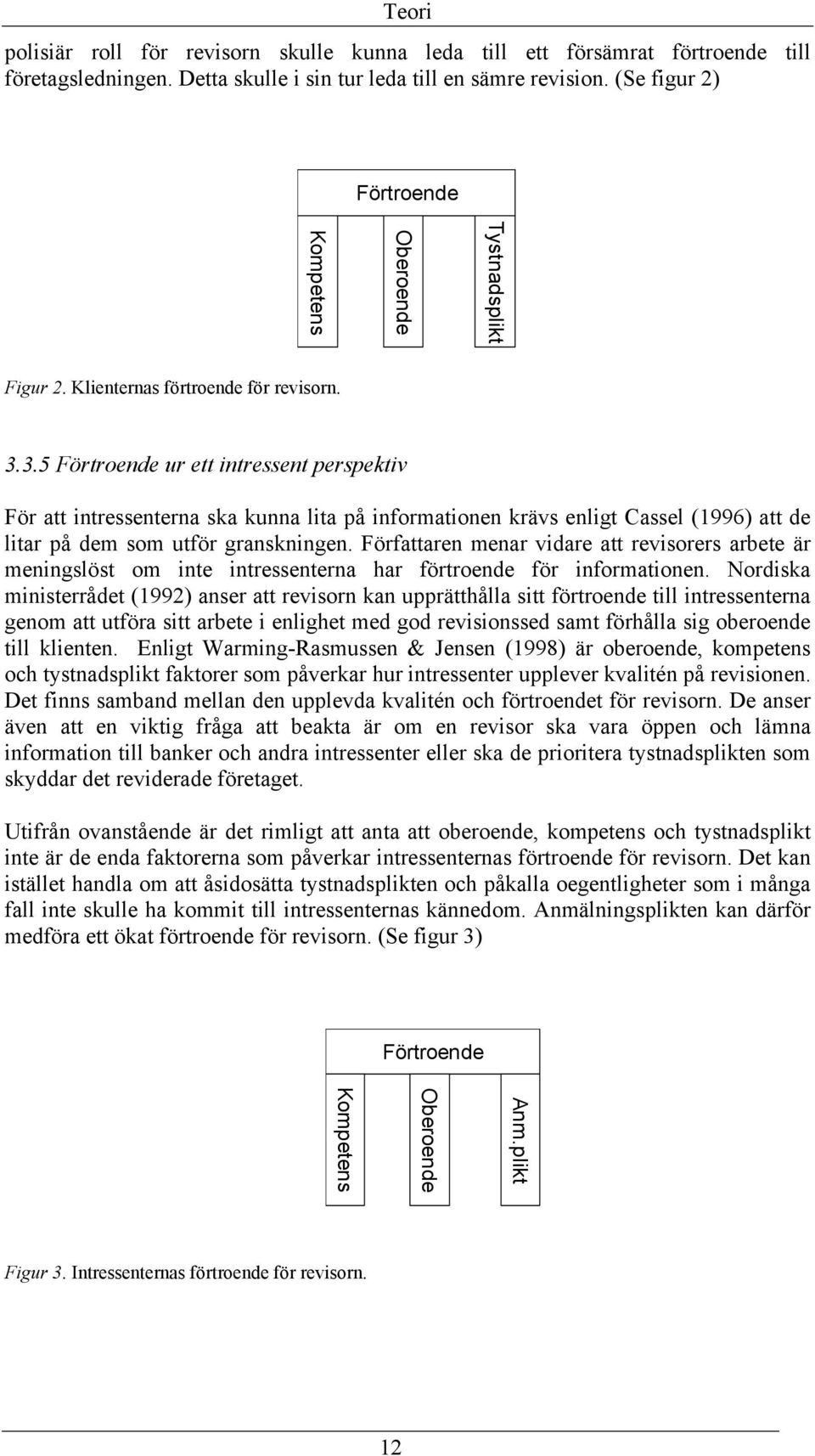 3.5 Förtroende ur ett intressent perspektiv För att intressenterna ska kunna lita på informationen krävs enligt Cassel (1996) att de litar på dem som utför granskningen.