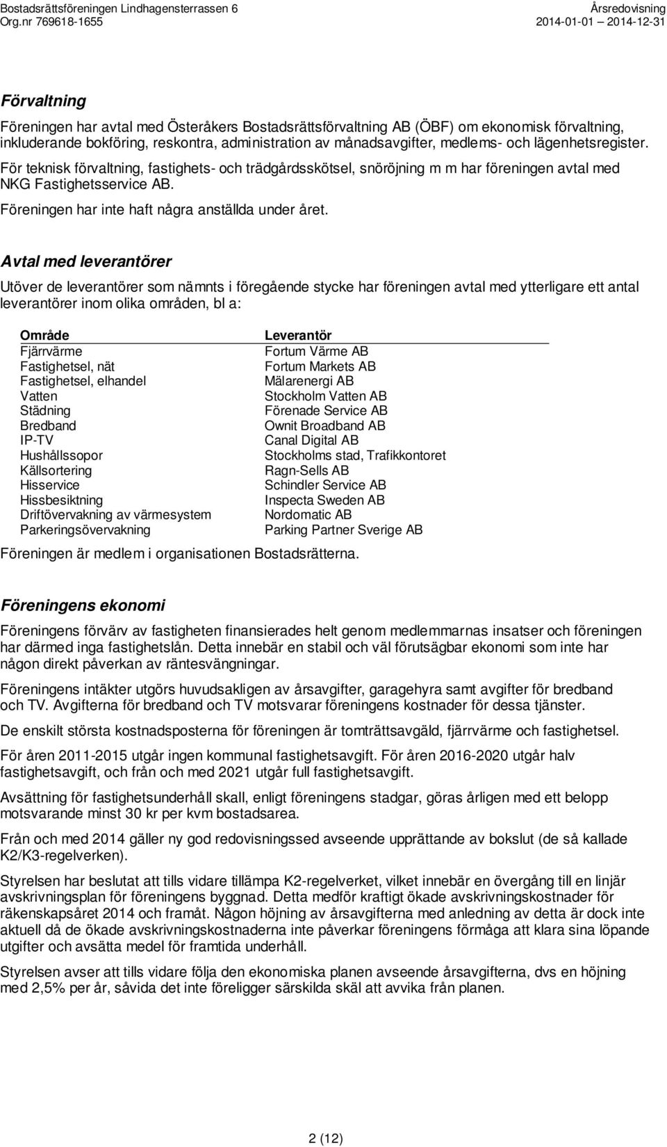 Avtal med leverantörer Utöver de leverantörer som nämnts i föregående stycke har föreningen avtal med ytterligare ett antal leverantörer inom olika områden, bl a: Område Fjärrvärme Fastighetsel, nät