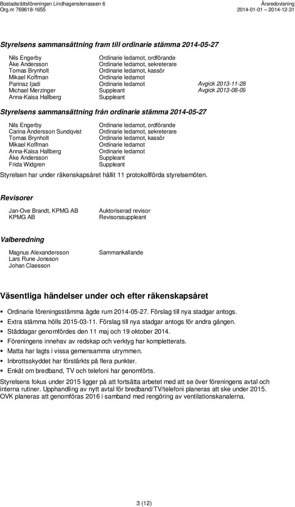 2014-05-27 Nils Engerby Carina Andersson Sundqvist Tomas Brynholt Mikael Koffman Anna-Kaisa Hallberg Åke Andersson Frida Widgren Ordinarie ledamot, ordförande Ordinarie ledamot, sekreterare Ordinarie