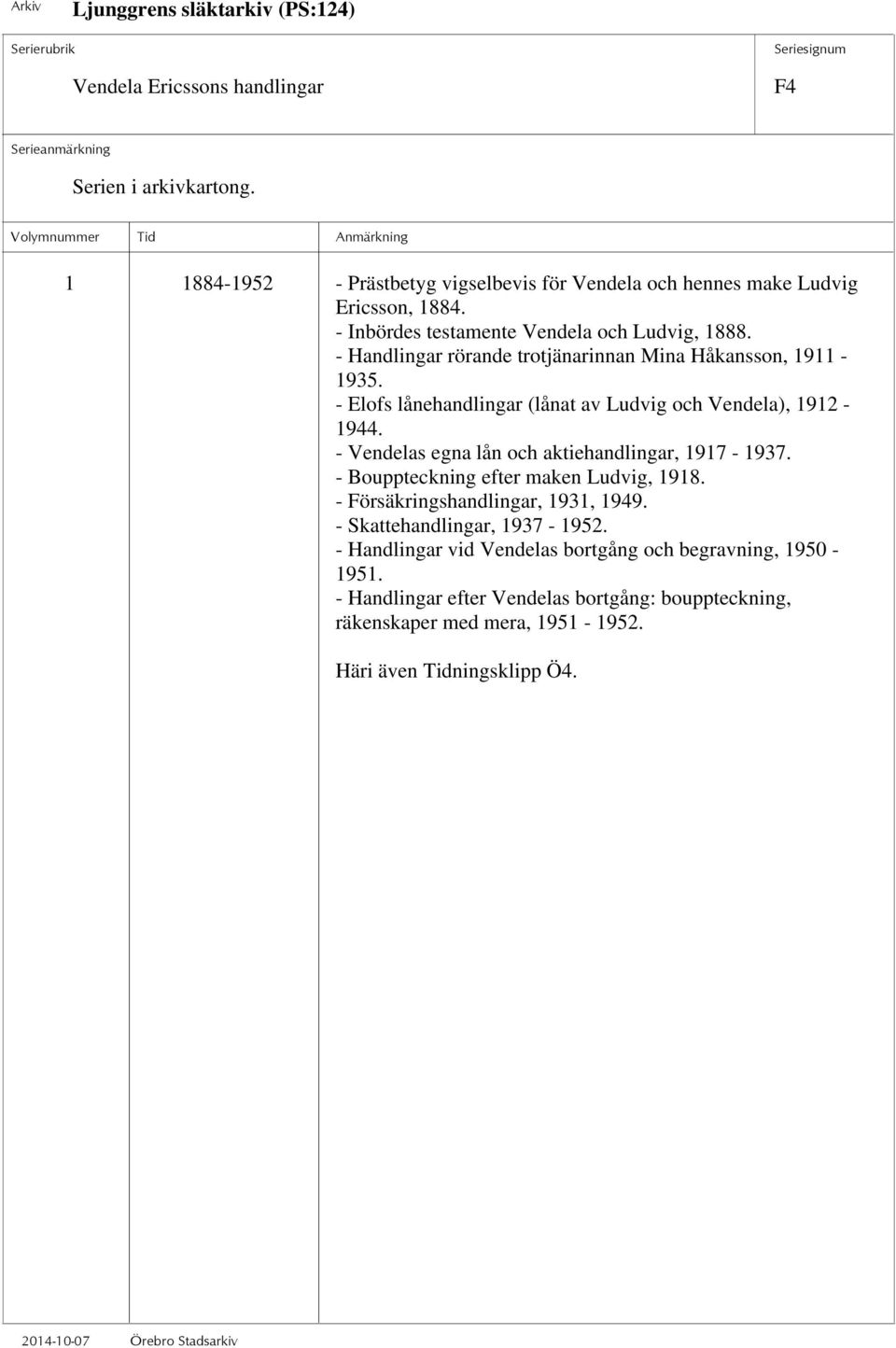 - Elofs lånehandlingar (lånat av Ludvig och Vendela), 1912-1944. - Vendelas egna lån och aktiehandlingar, 1917-1937. - Bouppteckning efter maken Ludvig, 1918.