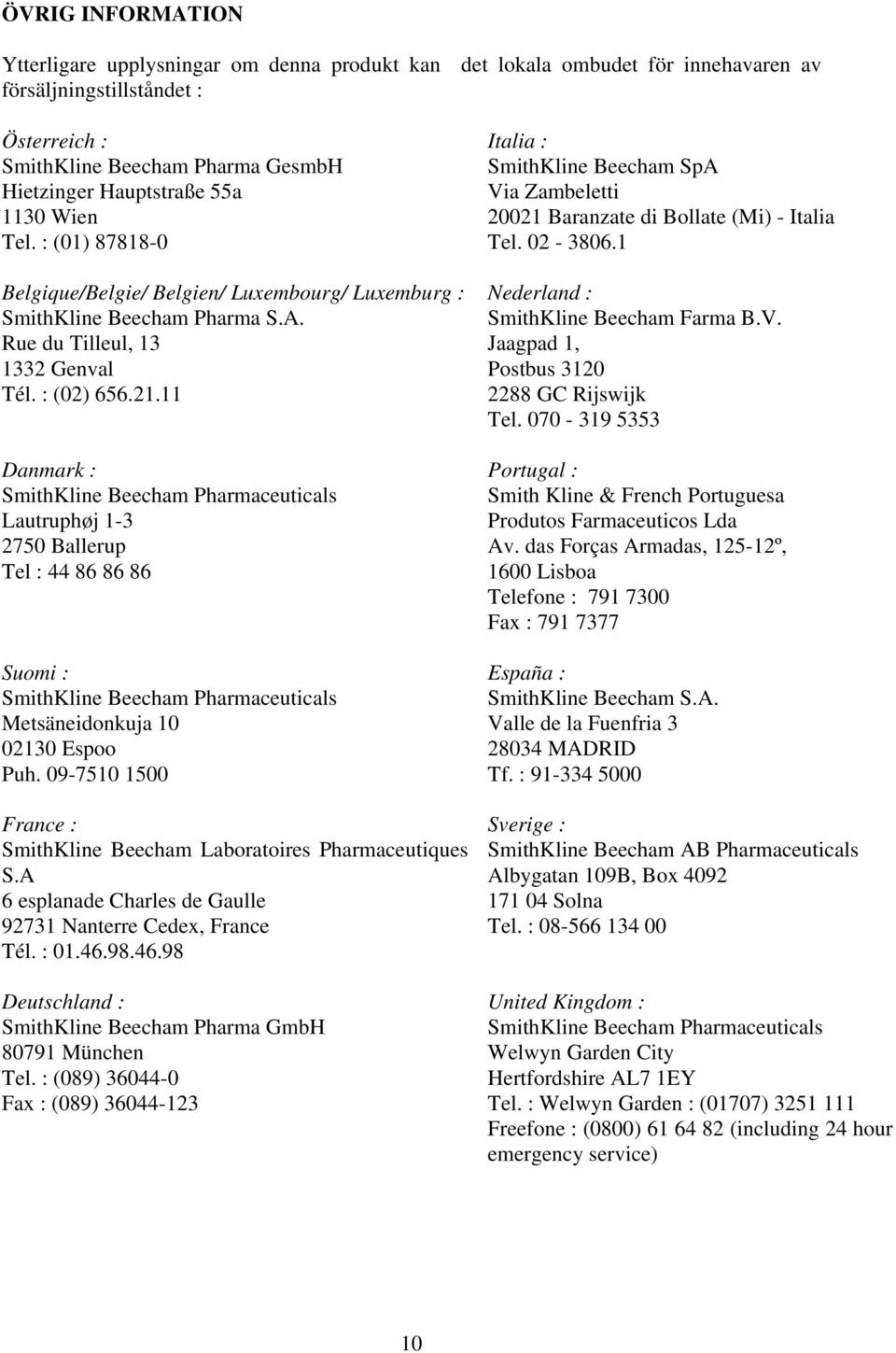 11 Danmark : SmithKline Beecham Pharmaceuticals Lautruphøj 1-3 2750 Ballerup Tel : 44 86 86 86 Suomi : SmithKline Beecham Pharmaceuticals Metsäneidonkuja 10 02130 Espoo Puh.