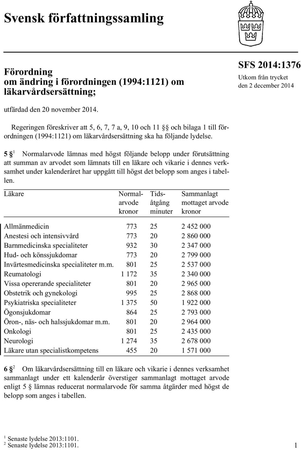 5 1 Normalarvode lämnas med högst följande belopp under förutsättning att summan av arvodet som lämnats till en läkare och vikarie i dennes verksamhet under kalenderåret har uppgått till högst det