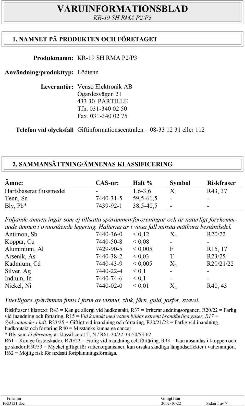 SAMMANSÄTTNING/ÄMNENAS KLASSIFICERING Ämne: CASnr: Halt % Symbol Riskfraser Hartsbaserat flussmedel Tenn, Sn Bly, Pb* 7440315 7439921 1,63,6 59,561,5 38,540,5 X i R43, 37 Följande ämnen ingår som ej