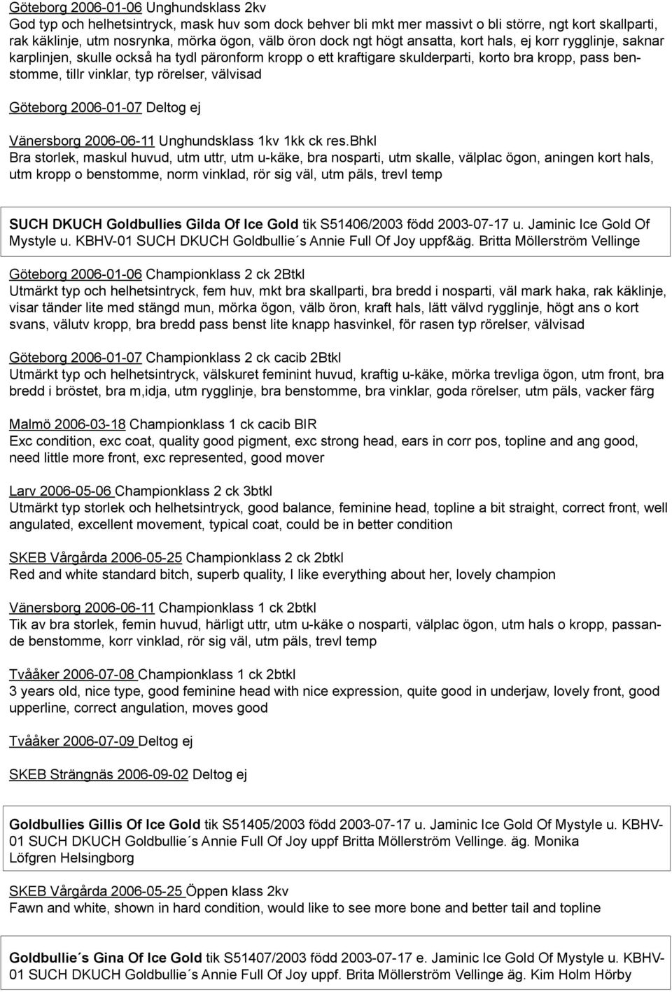rörelser, välvisad Göteborg 2006-01-07 Deltog ej Vänersborg 2006-06-11 Unghundsklass 1kv 1kk ck res.