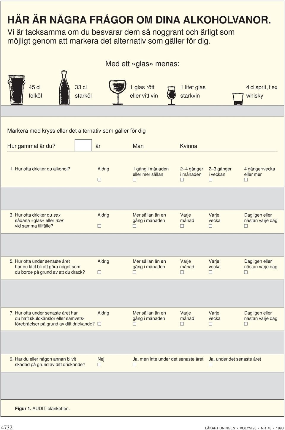 år Man Kvinna 1. Hur ofta dricker du alkohol? Aldrig 1 gång i månaden 2 4 gånger 2 3 gånger 4 gånger/vecka eller mer sällan i månaden i veckan eller mer 2.