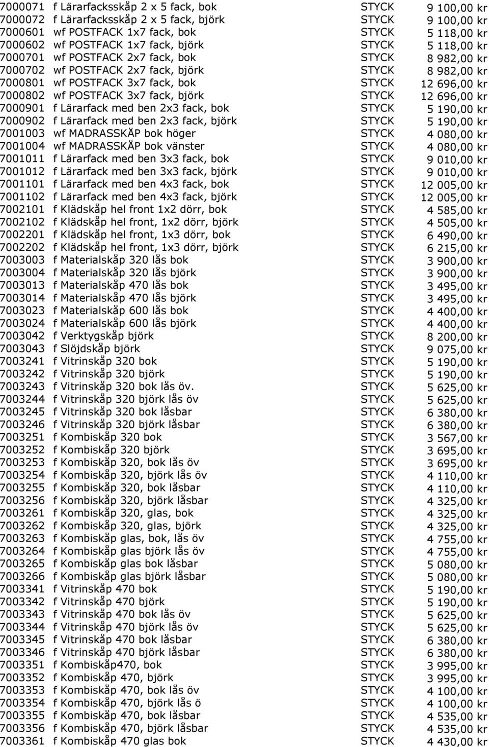 POSTFACK 3x7 fack, björk STYCK 12 696,00 kr 7000901 f Lärarfack med ben 2x3 fack, bok STYCK 5 190,00 kr 7000902 f Lärarfack med ben 2x3 fack, björk STYCK 5 190,00 kr 7001003 wf MADRASSKÅP bok höger