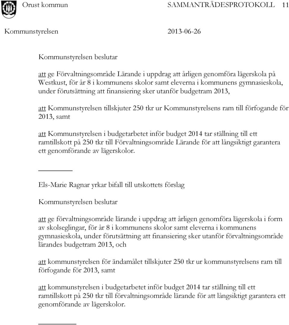 budget 2014 tar ställning till ett ramtillskott på 250 tkr till Förvaltningsområde Lärande för att långsiktigt garantera ett genomförande av lägerskolor.