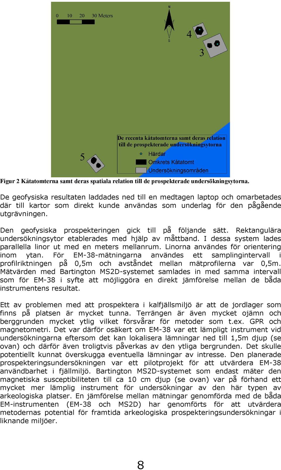 Den geofysiska prospekteringen gick till på följande sätt. Rektangulära undersökningsytor etablerades med hjälp av måttband. I dessa system lades parallella linor ut med en meters mellanrum.