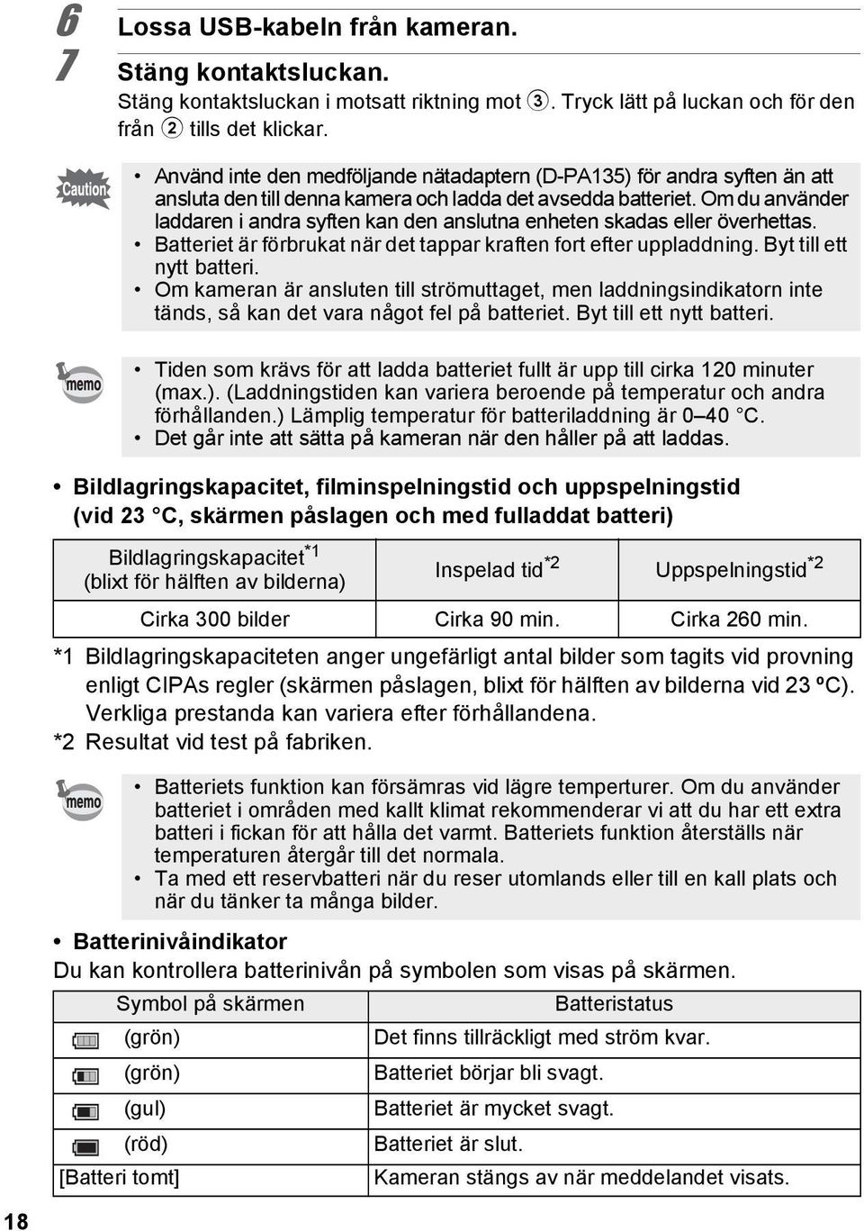 Om du använder laddaren i andra syften kan den anslutna enheten skadas eller överhettas. Batteriet är förbrukat när det tappar kraften fort efter uppladdning. Byt till ett nytt batteri.