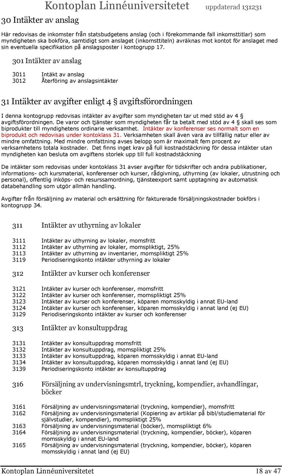 301 Intäkter av anslag 3011 Intäkt av anslag 3012 Återföring av anslagsintäkter 31 Intäkter av avgifter enligt 4 avgiftsförordningen I denna kontogrupp redovisas intäkter av avgifter som myndigheten