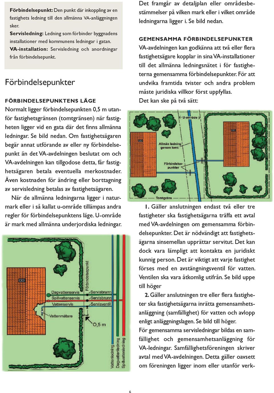 Förbindelsepunkter FÖRBINDELSEPUNKTENS LÄGE Normalt ligger förbindelsepunkten 0,5 m utanför fastighetsgränsen (tomtgränsen) när fastigheten ligger vid en gata där det finns allmänna ledningar.