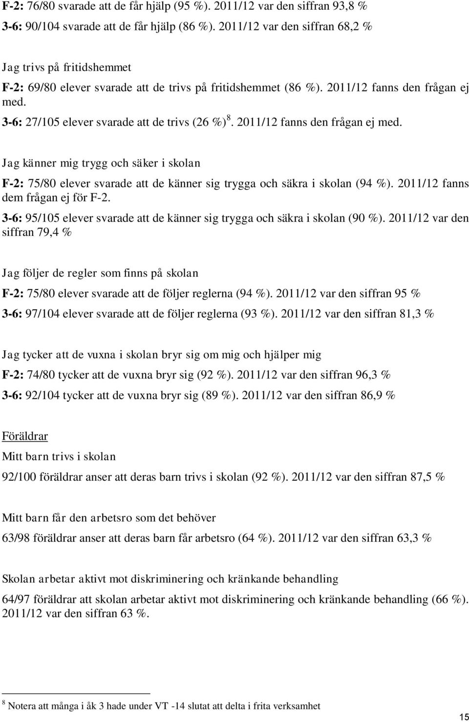 3-6: 27/105 elever svarade att de trivs (26 %) 8. 2011/12 fanns den frågan ej med. Jag känner mig trygg och säker i skolan F-2: 75/80 elever svarade att de känner sig trygga och säkra i skolan (94 %).