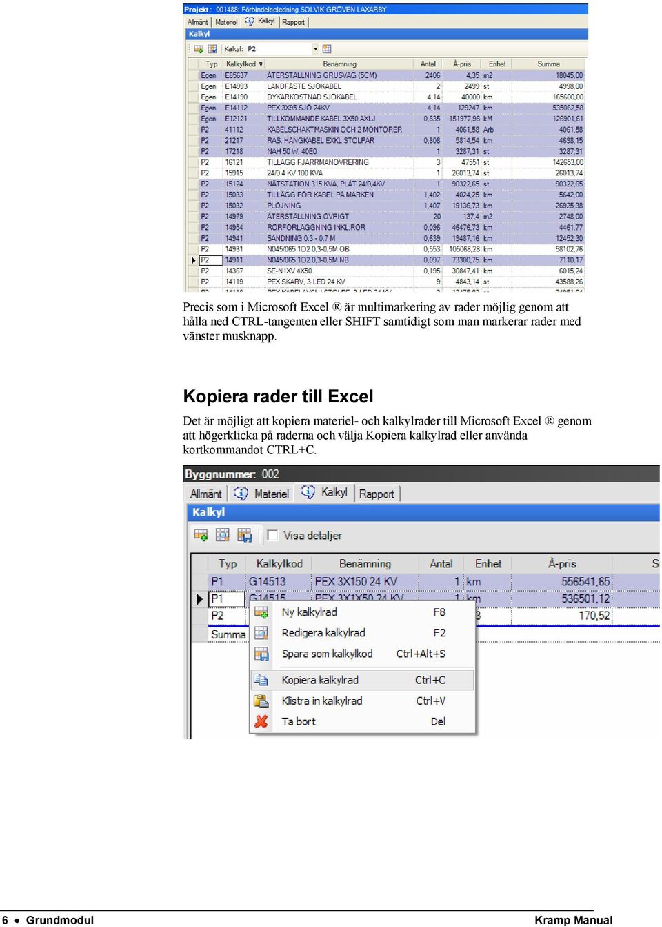 Kopiera rader till Excel Det är möjligt att kopiera materiel- och kalkylrader till Microsoft