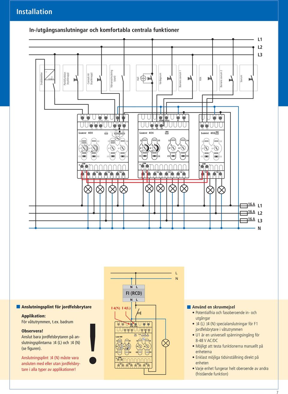 C2 C C4 C1 C2 COM + - COM + - COM + - C1 C2 C C4 C1 C2 C C4 C1 C2 16 A 16 A 16 A L1 L2 L N FI (RCD) Anslutningsplint för jordfelsbrytare Applikation: För våtutrymmen, t.ex. badrum Observera!