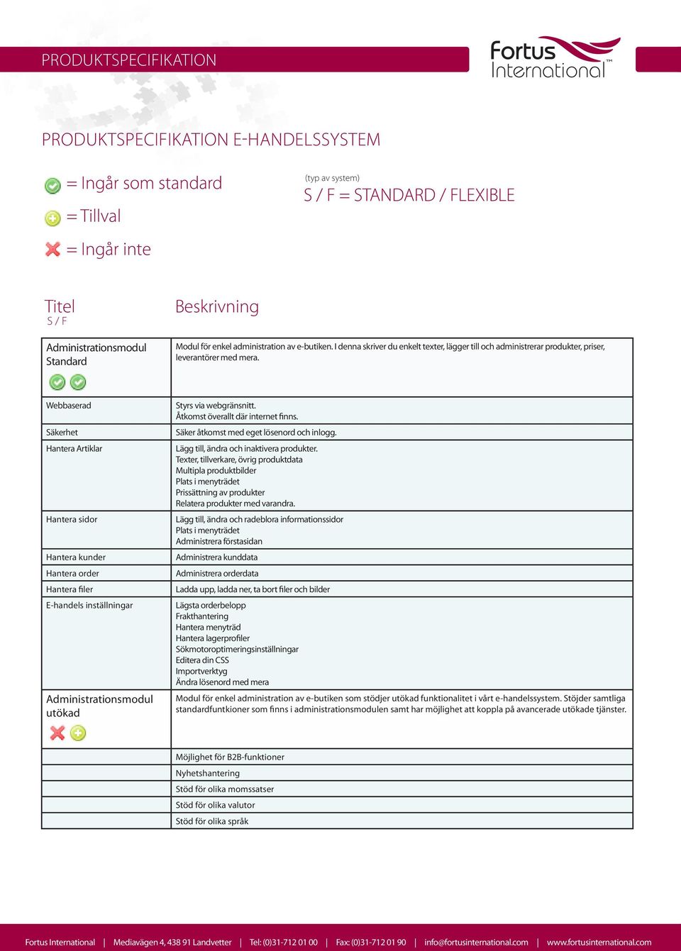 Webbaserad Säkerhet Hantera Artiklar Hantera sidor Hantera kunder Hantera order Hantera filer E-handels inställningar Administrationsmodul utökad Styrs via webgränsnitt.