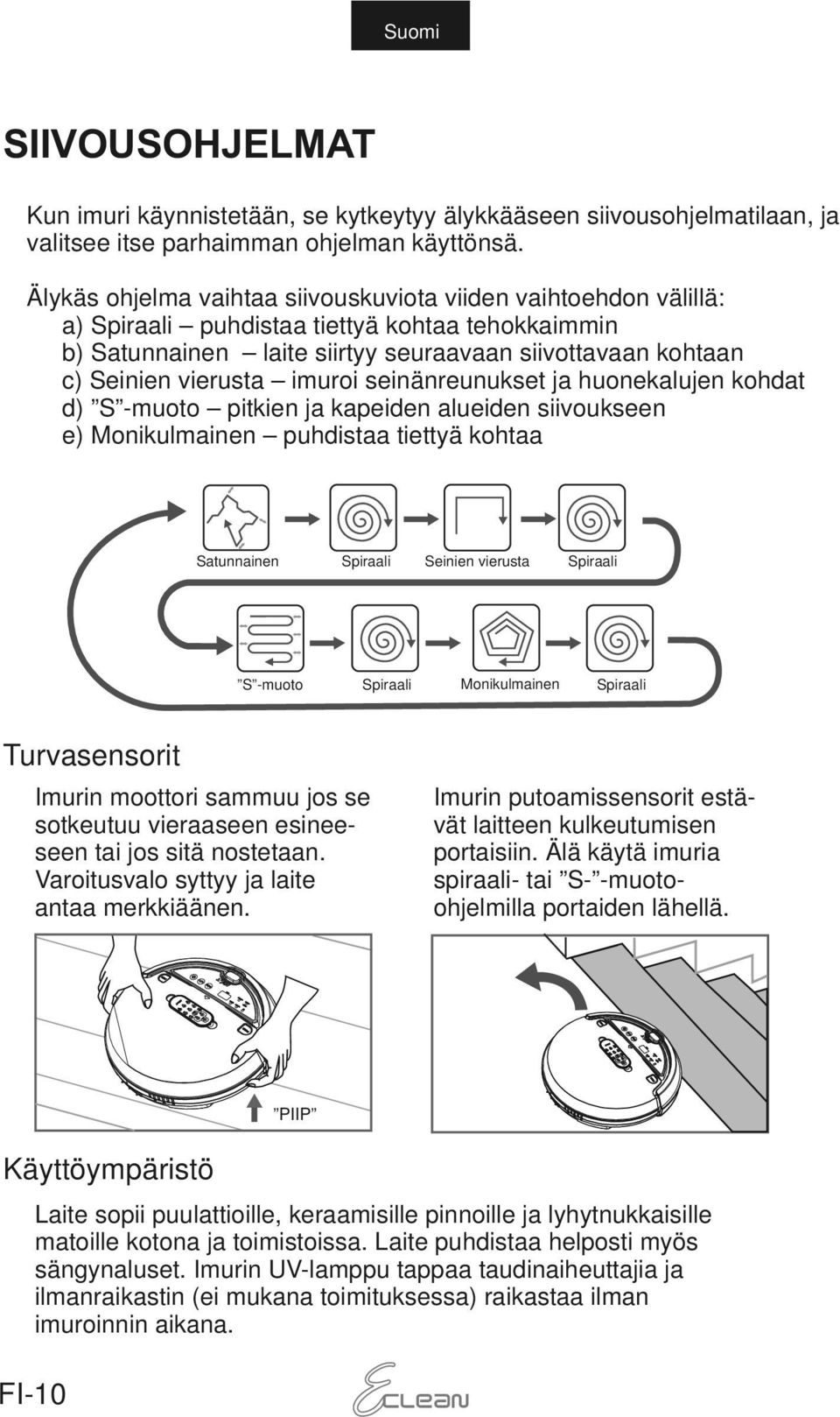 imuroi seinänreunukset ja huonekalujen kohdat d) S -muoto pitkien ja kapeiden alueiden siivoukseen e) Monikulmainen puhdistaa tiettyä kohtaa Satunnainen Spiraali Seinien vierusta Spiraali S -muoto