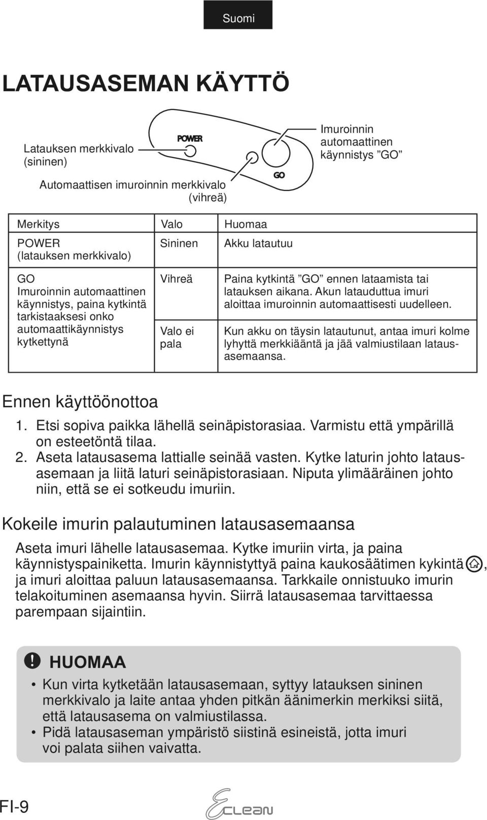 aikana. Akun latauduttua imuri aloittaa imuroinnin automaattisesti uudelleen. Kun akku on täysin latautunut, antaa imuri kolme lyhyttä merkkiääntä ja jää valmiustilaan latausasemaansa.