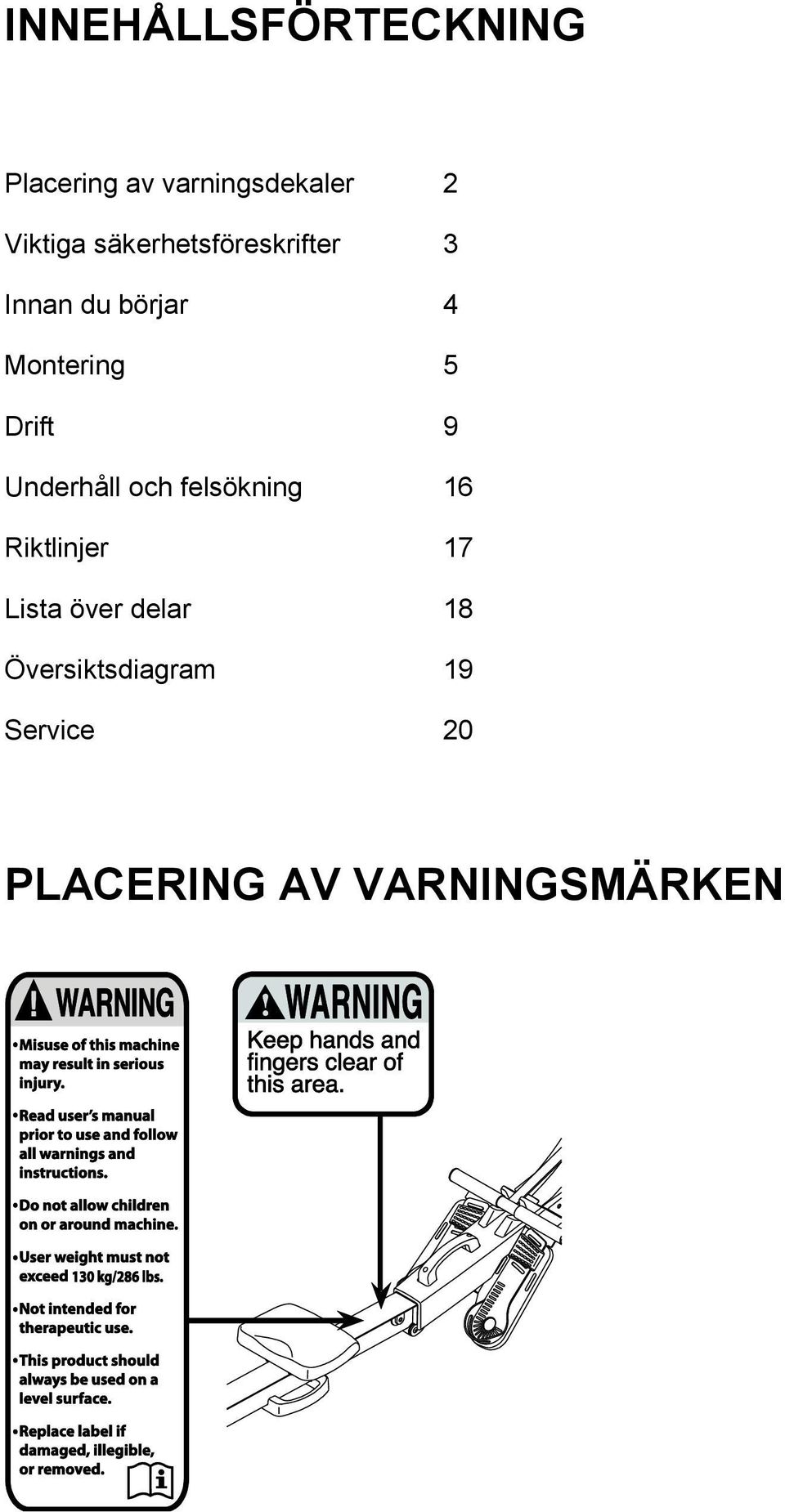 9 Underhåll och felsökning 16 Riktlinjer 17 Lista över delar