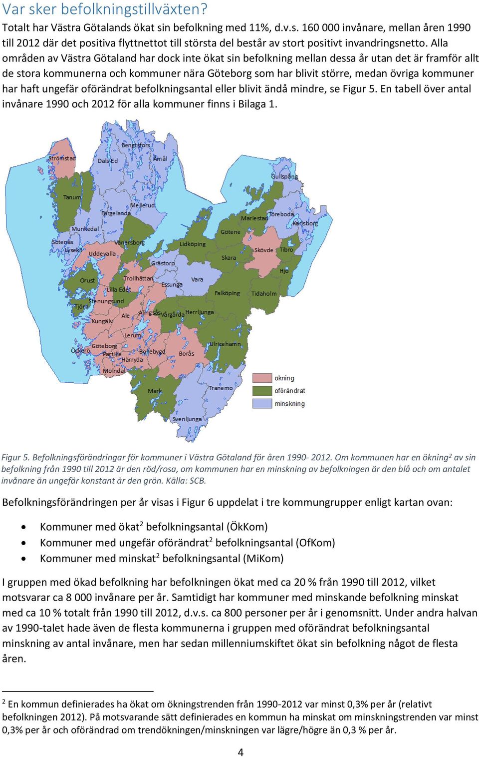 har haft ungefär oförändrat befolkningsantal eller blivit ändå mindre, se Figur 5. En tabell över antal invånare 1990 och 2012 för alla kommuner finns i Bilaga 1. Figur 5. Befolkningsförändringar för kommuner i Västra Götaland för åren 1990-2012.