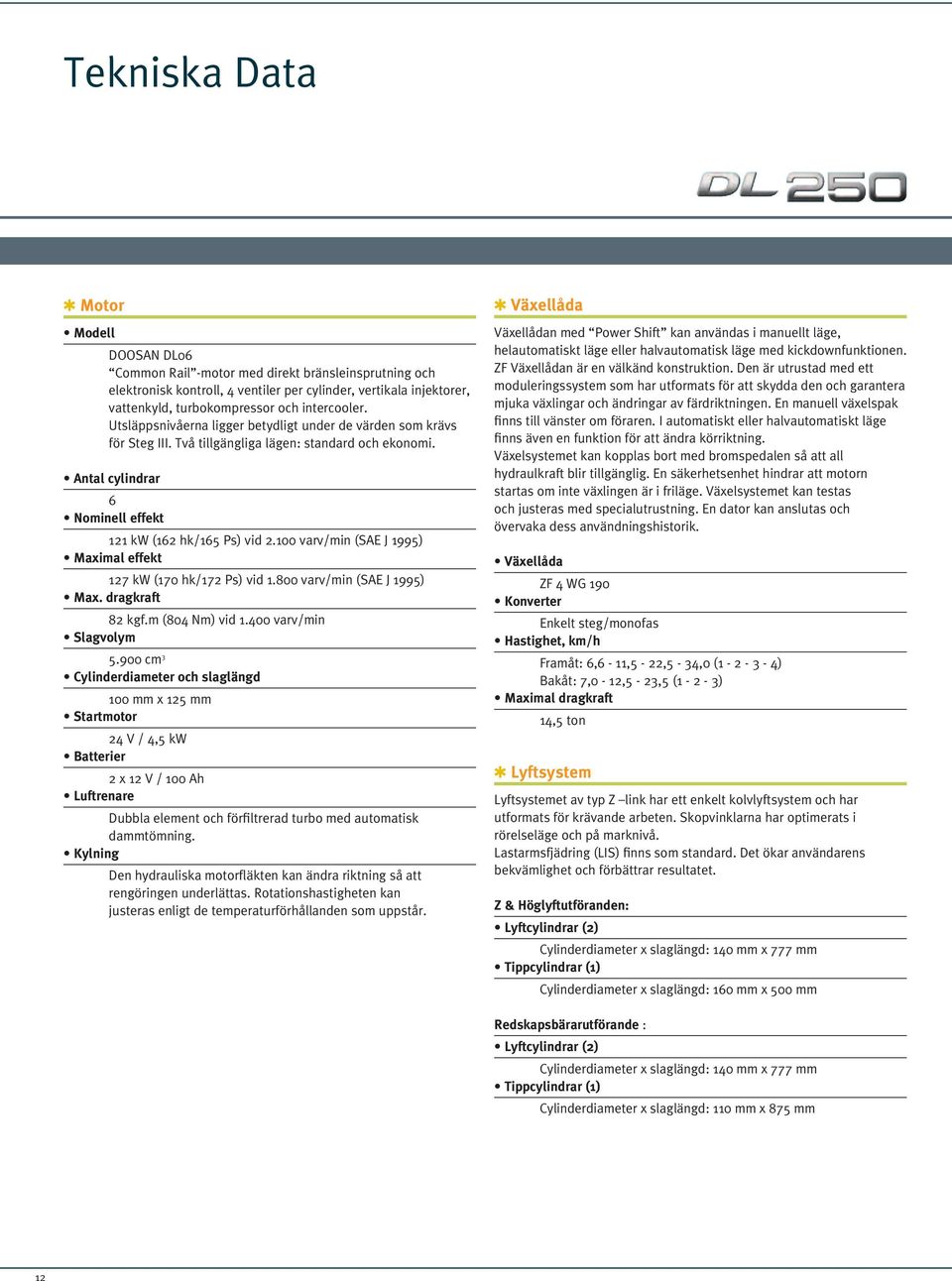 100 varv/min (SAE J 1995) Maximal effekt 127 kw (170 hk/172 Ps) vid 1.800 varv/min (SAE J 1995) Max. dragkraft 82 kgf.m (804 Nm) vid 1.400 varv/min Slagvolym 5.