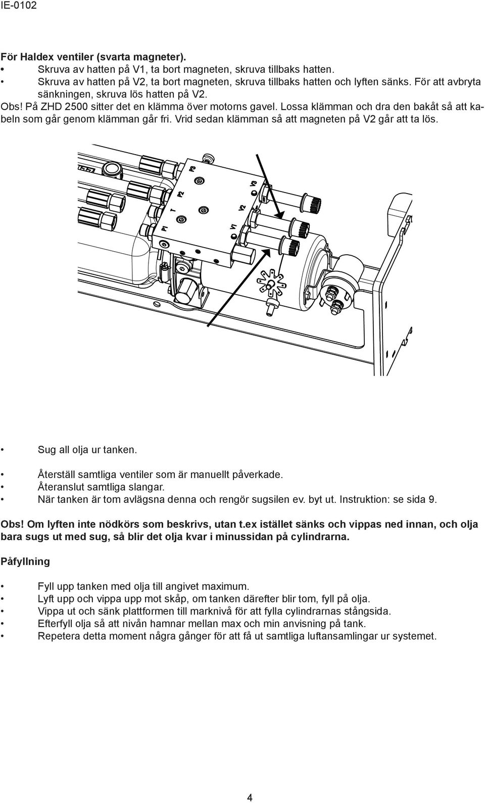 Vrid sedan klämman så att magneten på V2 går att ta lös. Sug all olja ur tanken. Återställ samtliga ventiler som är manuellt påverkade. Återanslut samtliga slangar.