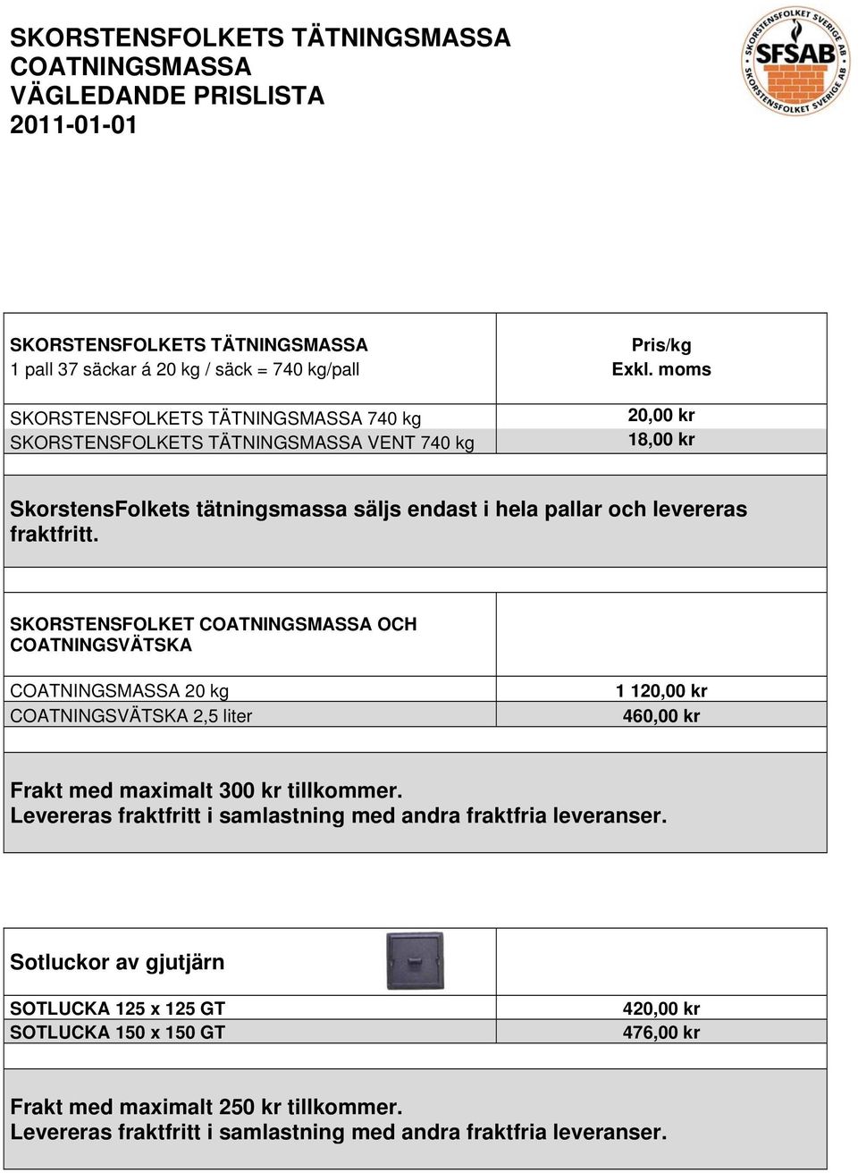 SKORSTENSFOLKET COATNINGSMASSA OCH COATNINGSVÄTSKA COATNINGSMASSA 20 kg COATNINGSVÄTSKA 2,5 liter 1 120,00 kr 460,00 kr Frakt med maximalt 300 kr tillkommer.