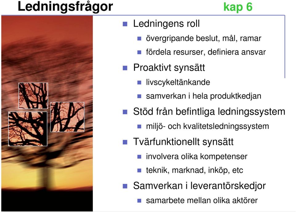 Stöd från befintliga ledningssystem miljö- och kvalitetsledningssystem Tvärfunktionellt synsätt